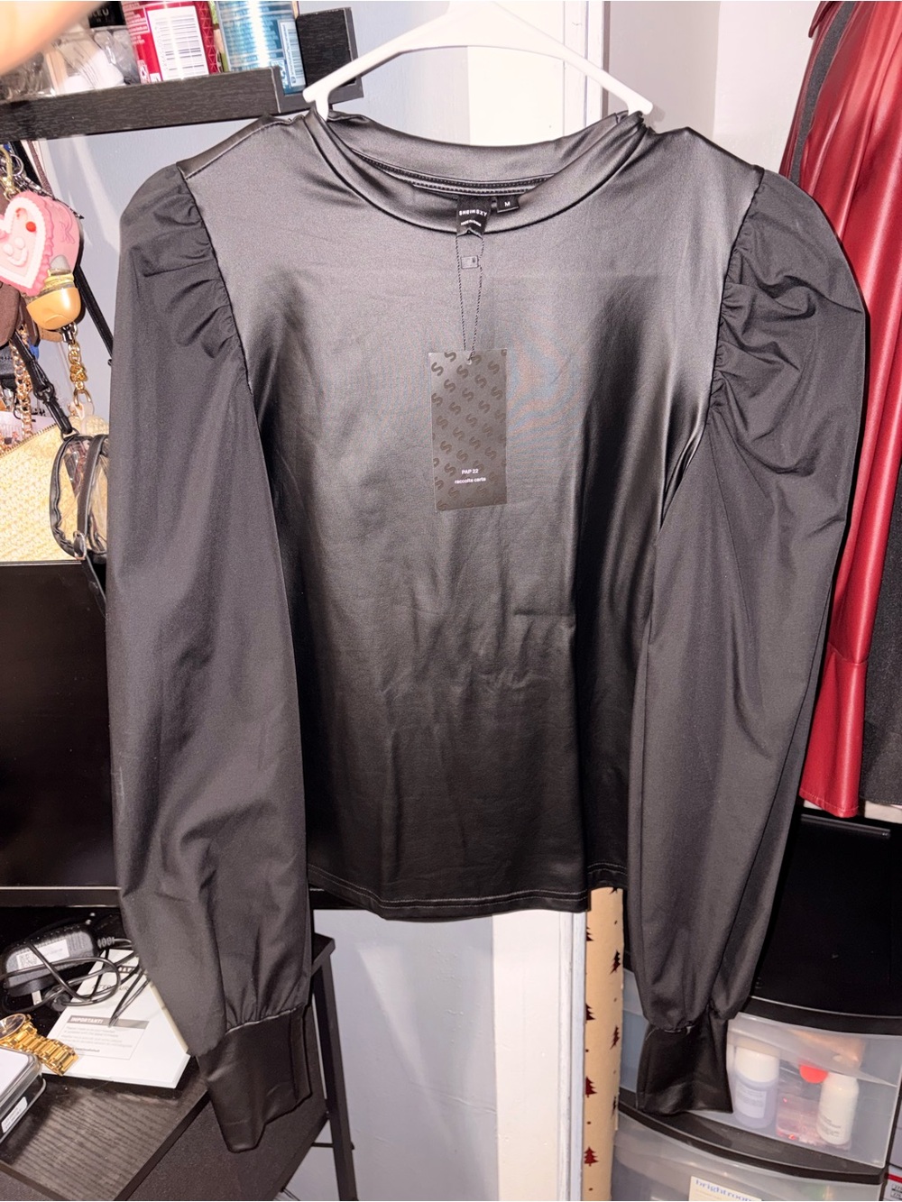 SHEIN Black Faux Leather Puff-Sleeve Top